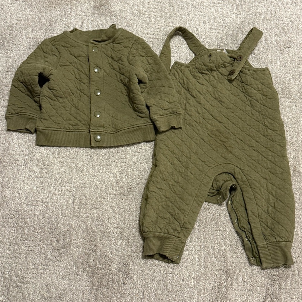 Hanna Anderson Baby Quilted Overalls and Baby Quilted Bomber Jacket set